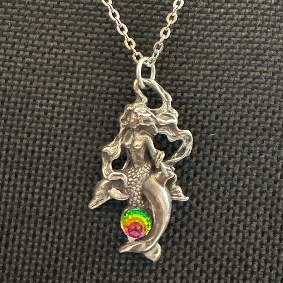 Mermaid on Dolphin Pendant Necklace -  Sterling Silver - Picture 5 of 7